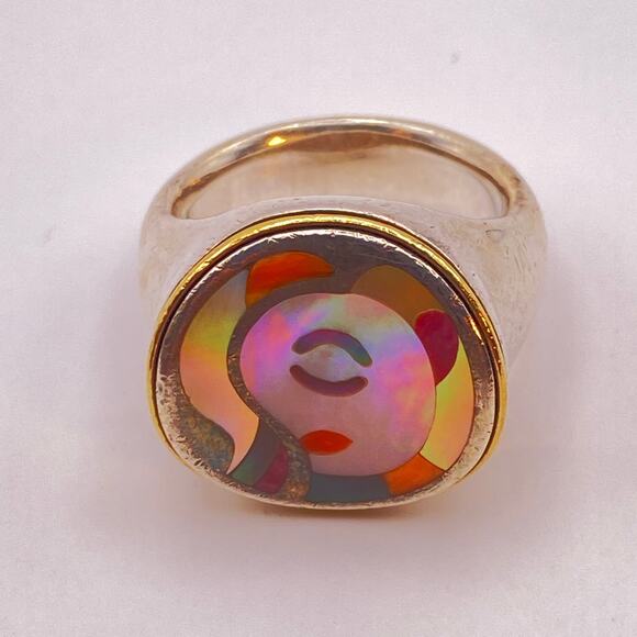 ERIC GROSSBARDT PICASSO Ring 18K Solid Gold 925 Sterling Inlaid MOP - Size 7 1/2 - Picture 7 of 14